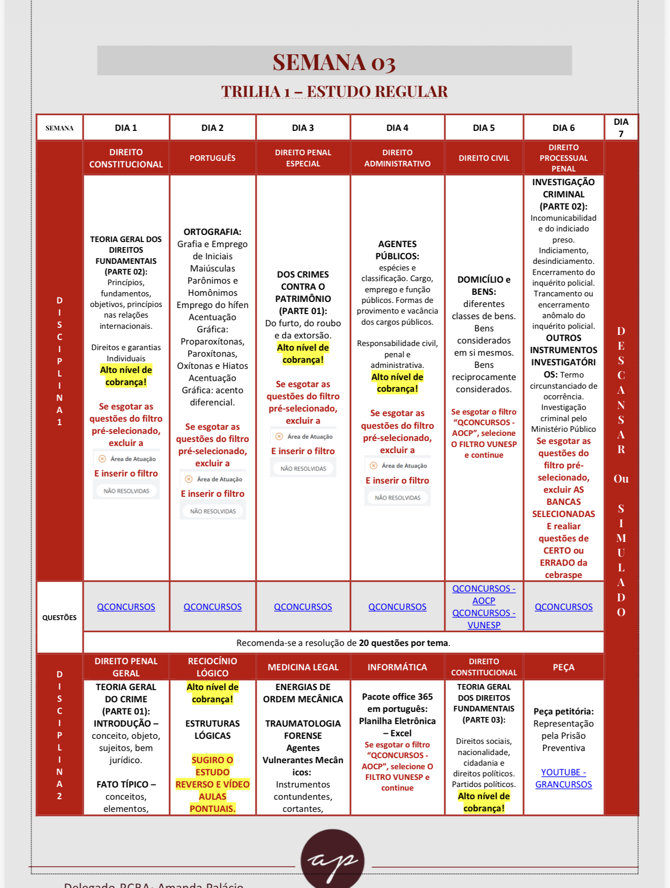 Semana 03 do Cronograma Delegado PCBA, com disciplinas, conteúdos e nível de cobrança de cada dia
