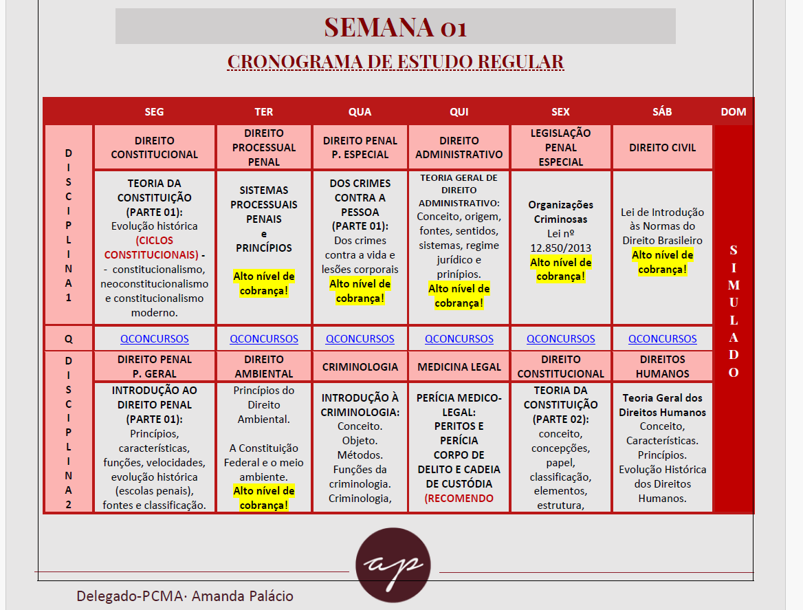 Semana 01 do Cronograma Delegado PCMA, com disciplinas, conteúdos e nível de cobrança de cada dia